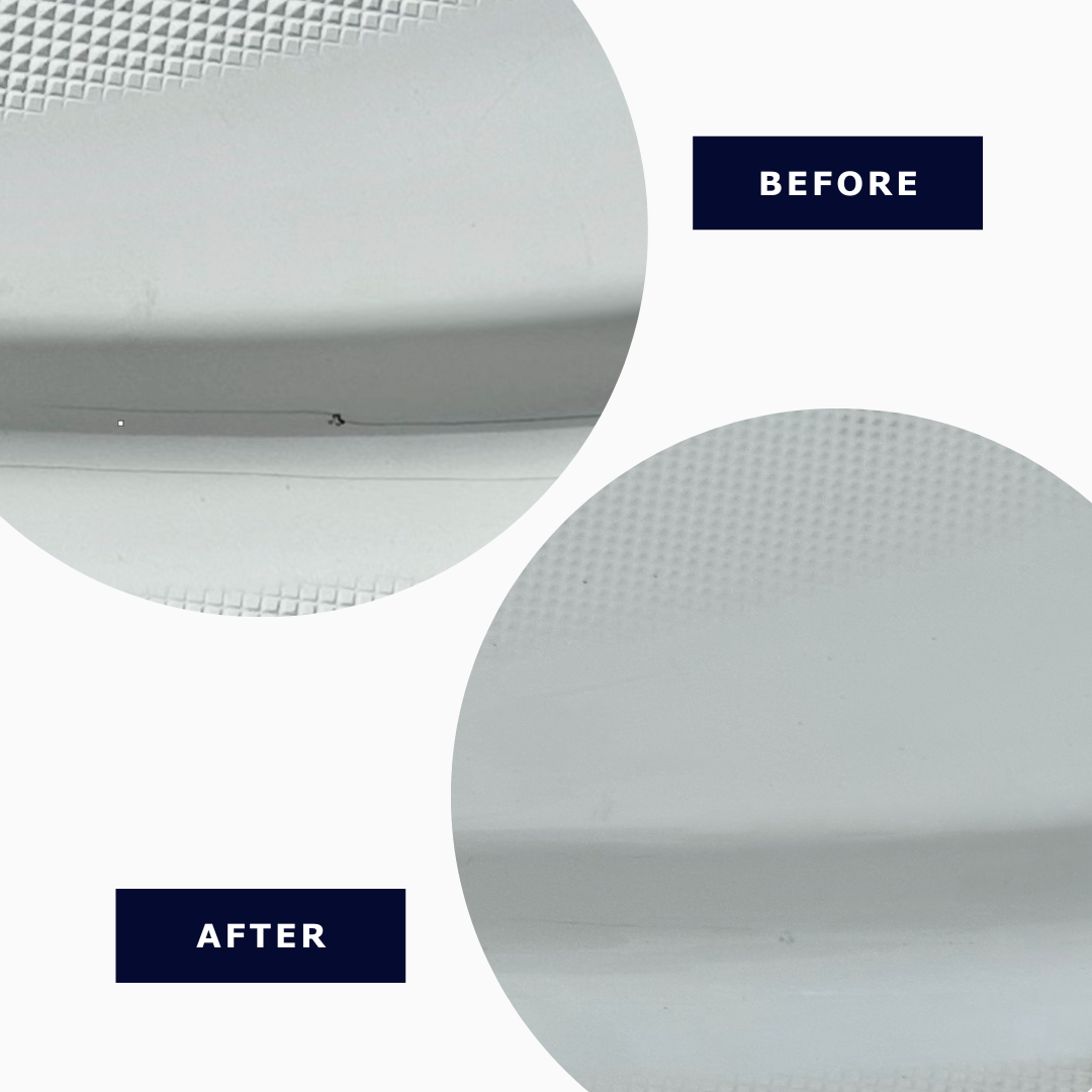 Before and after image showing gel coat crack repair on boat hull - Boatsmartz gel coat crack repair kit in use